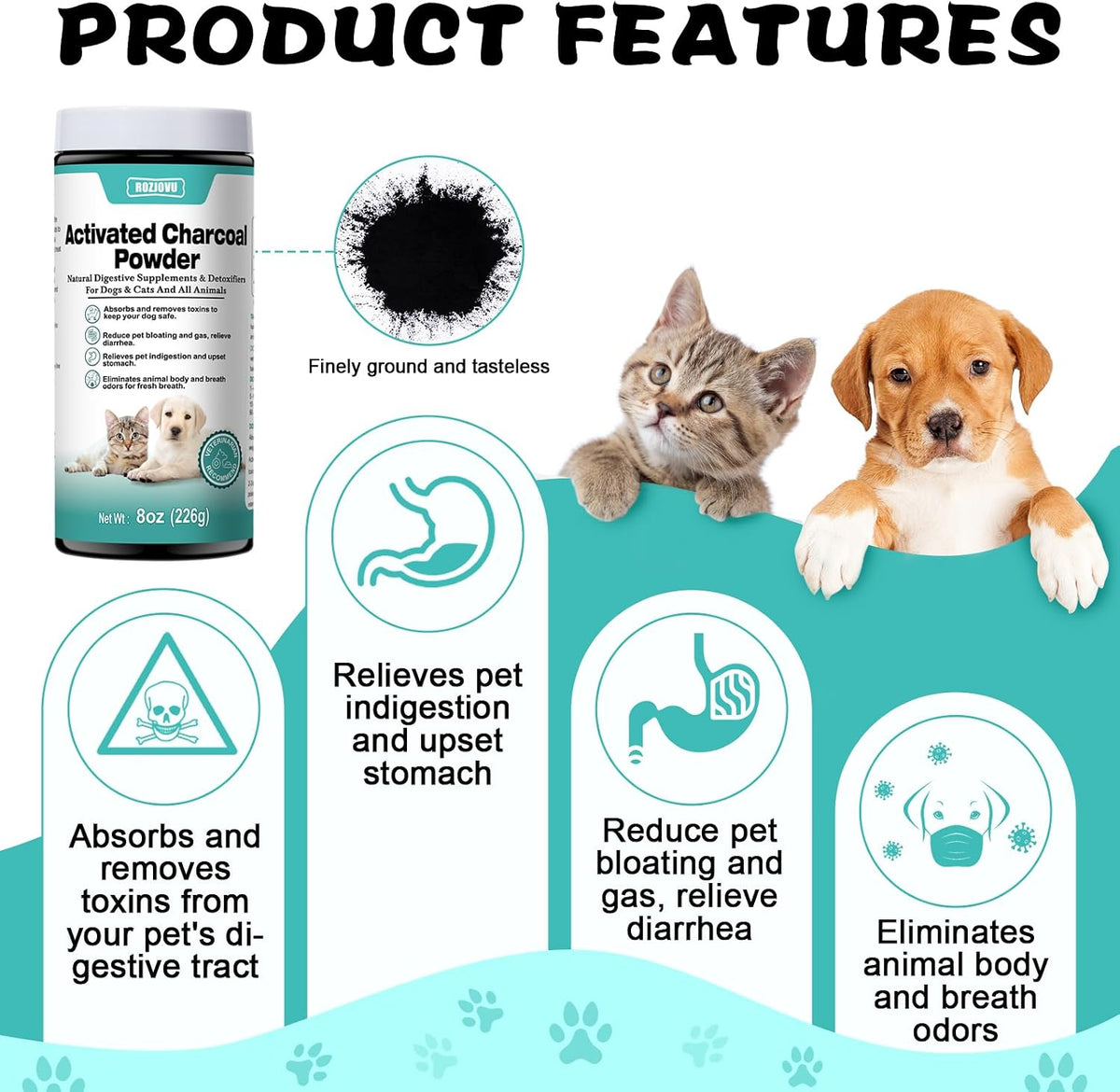 ROZJOVU Activated Charcoal Powder for Dogs, Cats & All Pets – 227 g - görsel 2