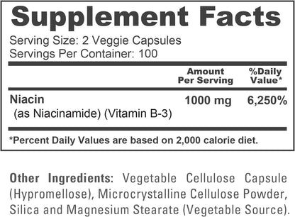 NusaPure Niacinamide 1000mg, 200 Vegetable Capsules - Flush-Free Vitamin B3 Supplement