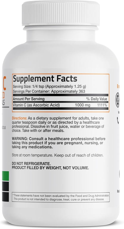 Bronson Vitamin C Powder – Pure Ascorbic Acid, Non-GMO, Fine Crystals – 454 g (1 lb)
