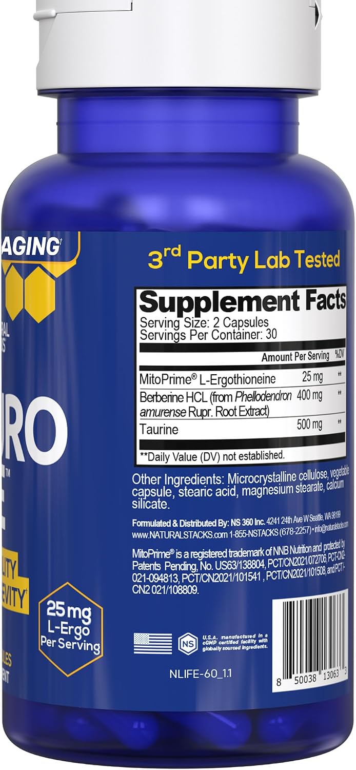 NeuroLife Longevity Supplement - 500mg Taurine & 400mg Berberine - with MitoPrime L-Ergothioneine - 60 Capsules - görsel 6