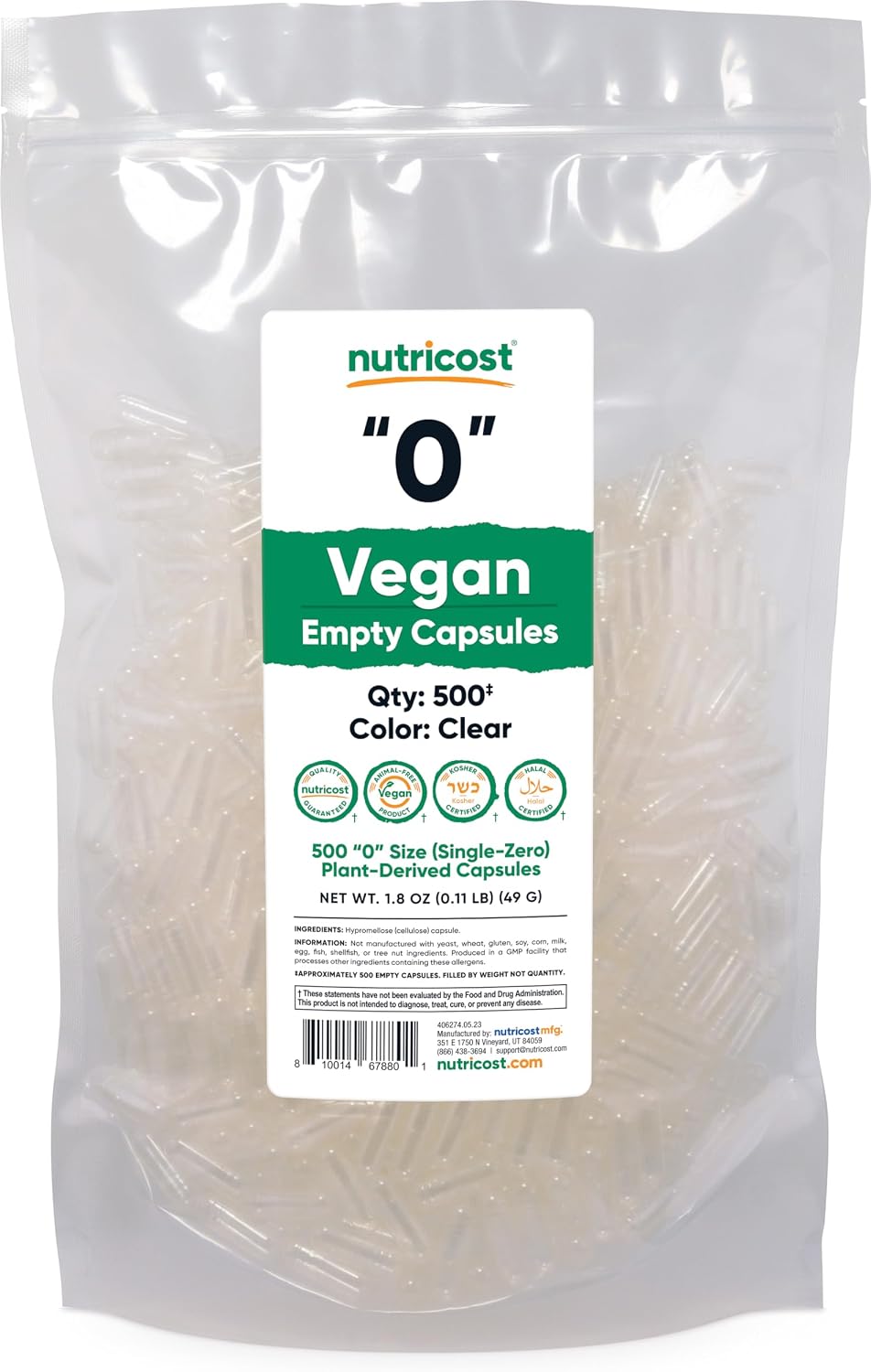 Nutricost Empty Capsules Size 0 Vegan - 500 Clear Empty Plant-Based Capsules - görsel 1