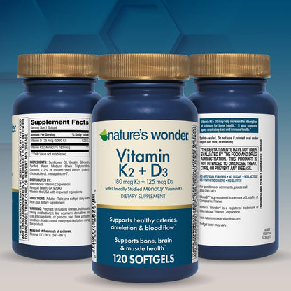 Nature's Wonder Vitamin K2 + D3 with MenaQ7 for Cardiovascular, Brain, Bone and Muscle Health, 120 Soft gel capsules, 120 Day Supply