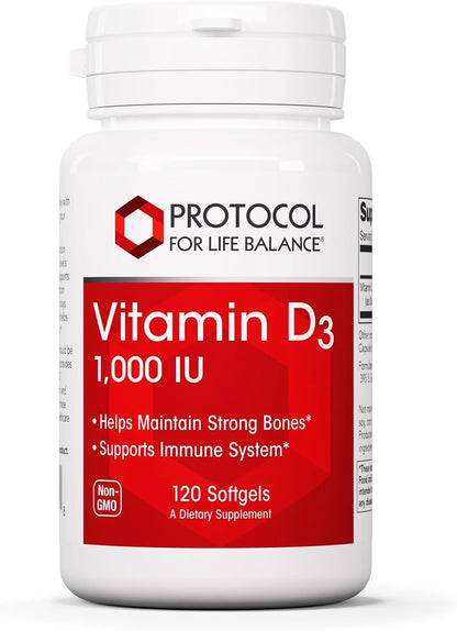 Protocol For Life Balance Vitamin D3 1,000 IU - Immune Support, Strong Bones and Teeth - 120 Softgels