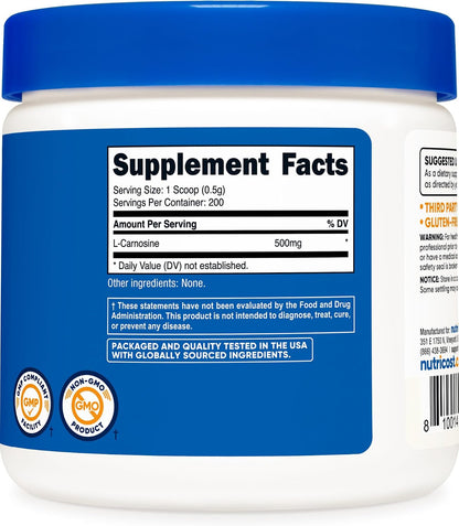 Nutricost L-Carnosine Powder 100g (200 Servings) – Non-GMO