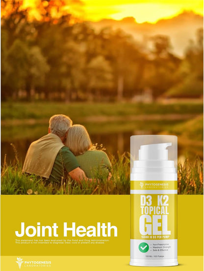 Phytogenesis Vitamin D3 K2 High Strength Topical Gel - 15000+ IU D3 & 210 mcg K2 per Pump - Immune, Bone & Joint Support - One Month Supply