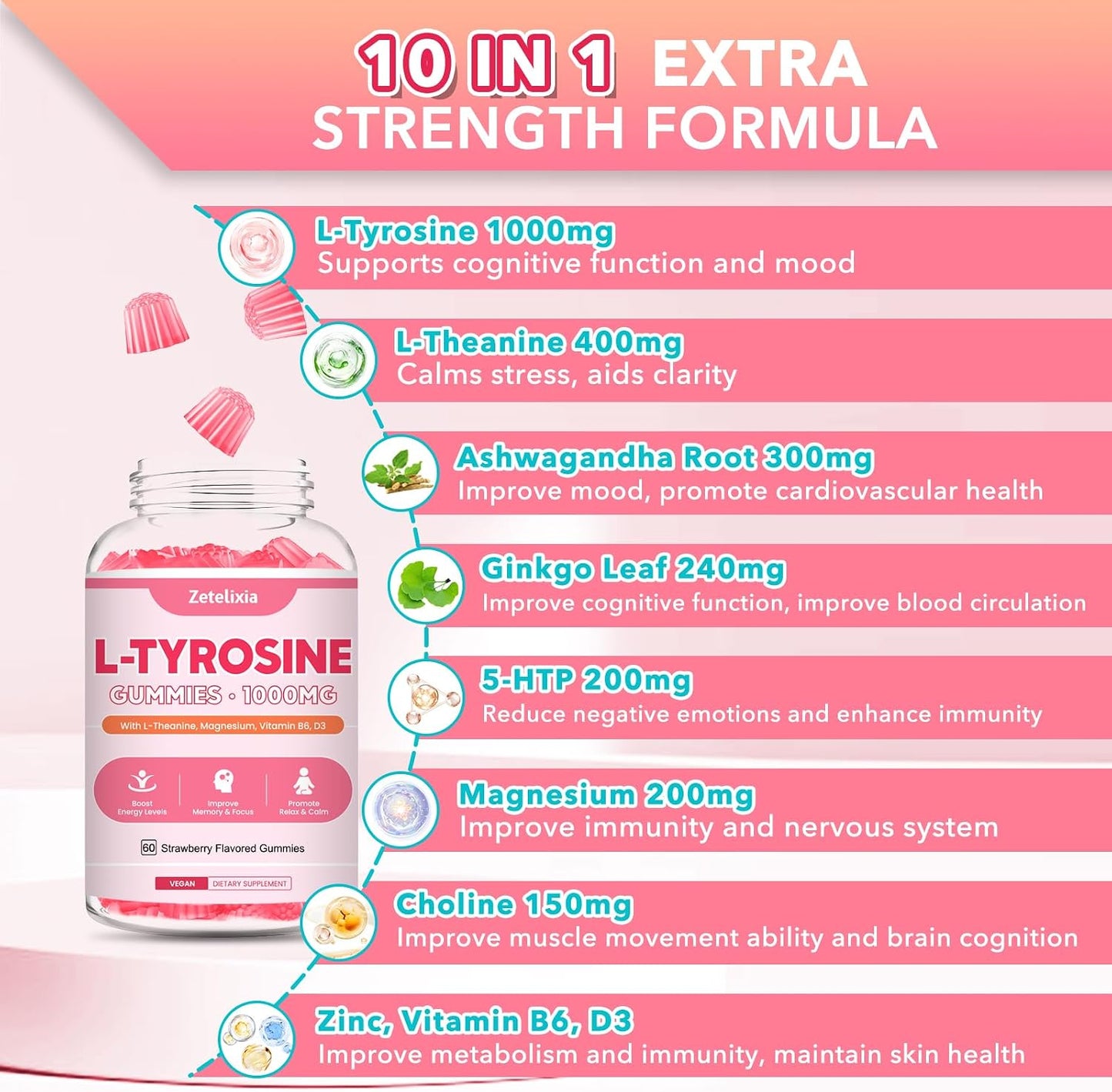 Zetelixia L-Tyrosine Gummies 2-Pack - 10-in-1 Food Supplement with L-Theanine, B6, D3, Ashwagandha - Strawberry Flavour (120 Count) - görsel 4