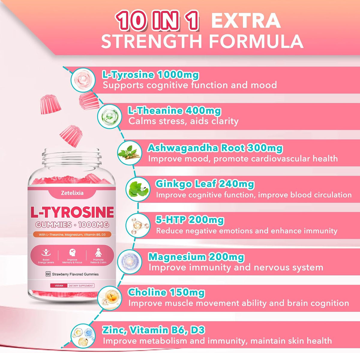 L-Tyrosine Gummies, 10-in-1 Supplement for Cognitive & Energy Support, Strawberry Flavour, 60 Count - görsel 4