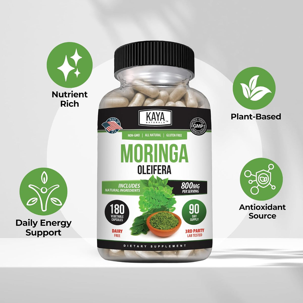 Kaya Naturals Moringa Leaf Extract - Complete Greens Superfood Supplement - Pure Miracle Tree Moringa - Boost Energy Naturally - Nutrient Dense Vitamins for Adult - 180 Veggie Count - görsel 4