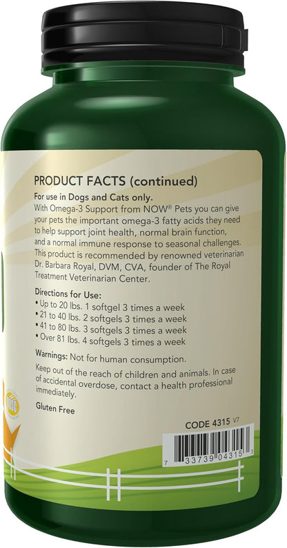 NOW Pet Health, Omega 3 Supplement, Formulated for Cats & Dogs, 180 Softgels