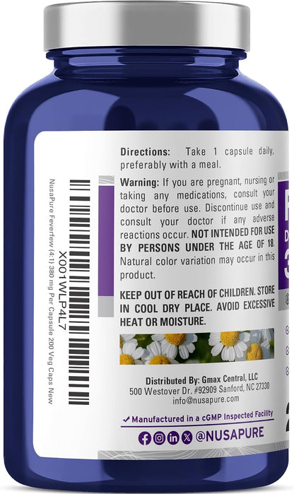 NusaPure Feverfew Capsules, 380 mg, 200 Veg Capsules (Non-GMO, Gluten-Free)