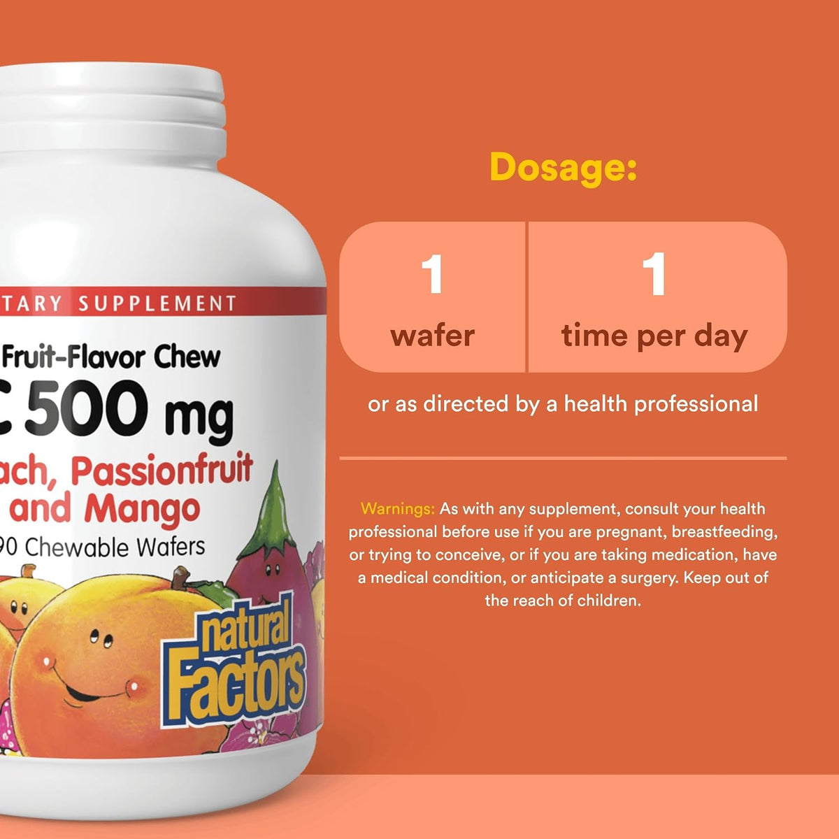 Natural Factors Kids Chewable Vitamin C 500 mg - Immune Support, Bones, Teeth, Gums - Peach, Passionfruit & Mango - 90 Wafers - görsel 3
