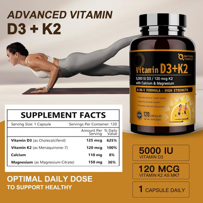 NATURE TARGET Vitamin D3 K2 with Calcium & Magnesium - Maximum Strength 4-in-1, 120 Capsules