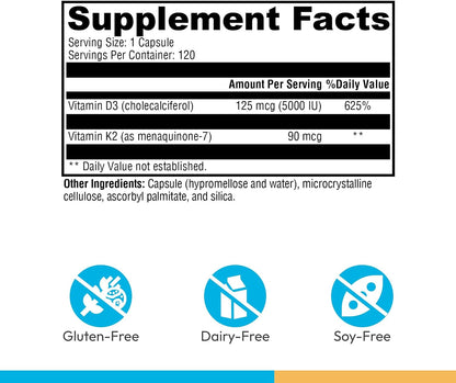 XYMOGEN K2-D3 5000 - Vitamin D3 and K2 Supplement, 120 Capsules