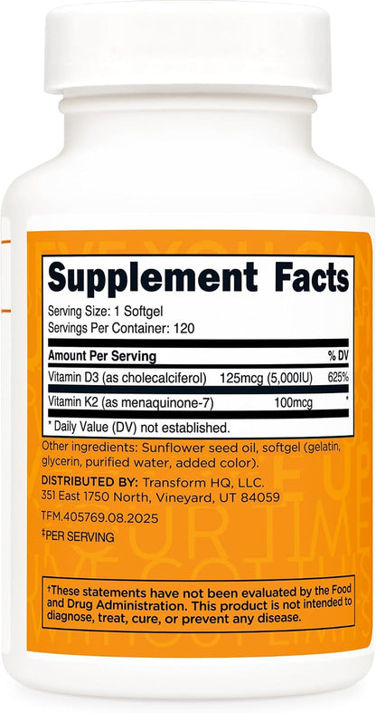 TransformHQ Vitamin K2 (MK7) (100 µg) + Vitamin D3 (5000 IU) - 120 Soft gel capsules