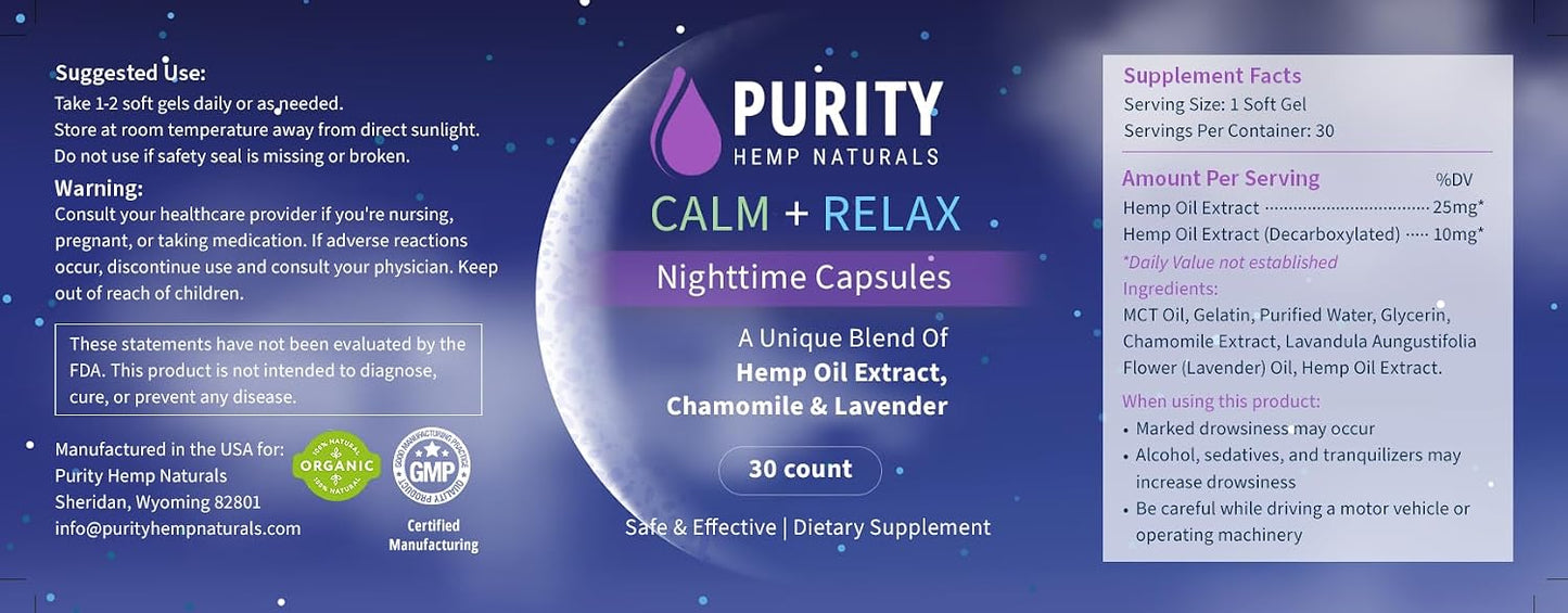 Purity Hemp Naturals Calm + Relax Nighttime Capsules - görsel 2