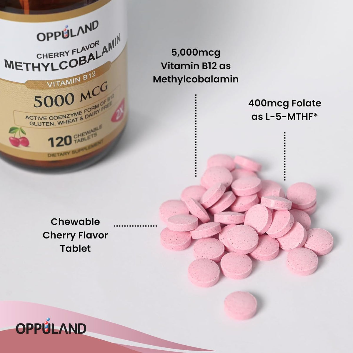 oppuland Methyl B-12 5000mcg Chewable with Folate - Vitamin B12 Methylcobalamin Sublingual Tablets - Supports Energy & Brain Function - Vegan Supplement - Cherry Flavour - 120 Count - görsel 4
