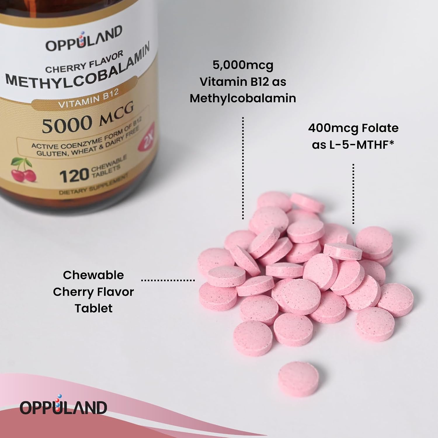 oppuland Methyl B-12 5000mcg Chewable with Folate - Vitamin B12 Methylcobalamin Sublingual Tablets - Supports Energy & Brain Function - Vegan Supplement - Cherry Flavour - 120 Count - görsel 4