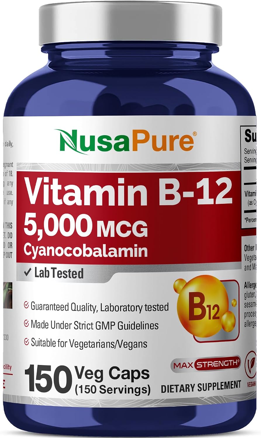 NusaPure Vitamin B12 5000 mcg 150 Veggie Capsules - High Strength, Non-GM, Vegan - görsel 1