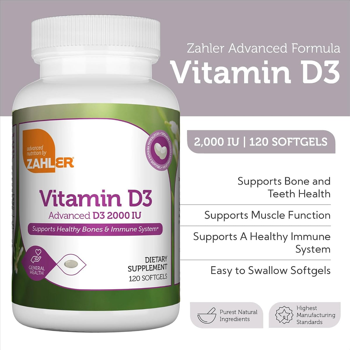 Zahler - Advanced Vitamin D3 2000 IU Softgels (120 Count) Kosher Vegetarian Friendly Vitamin D for Immune Support, Bone, Teeth and Muscle Health - Daily D3 Vitamin Supplement for Adults - Easy to Swallow - görsel 5