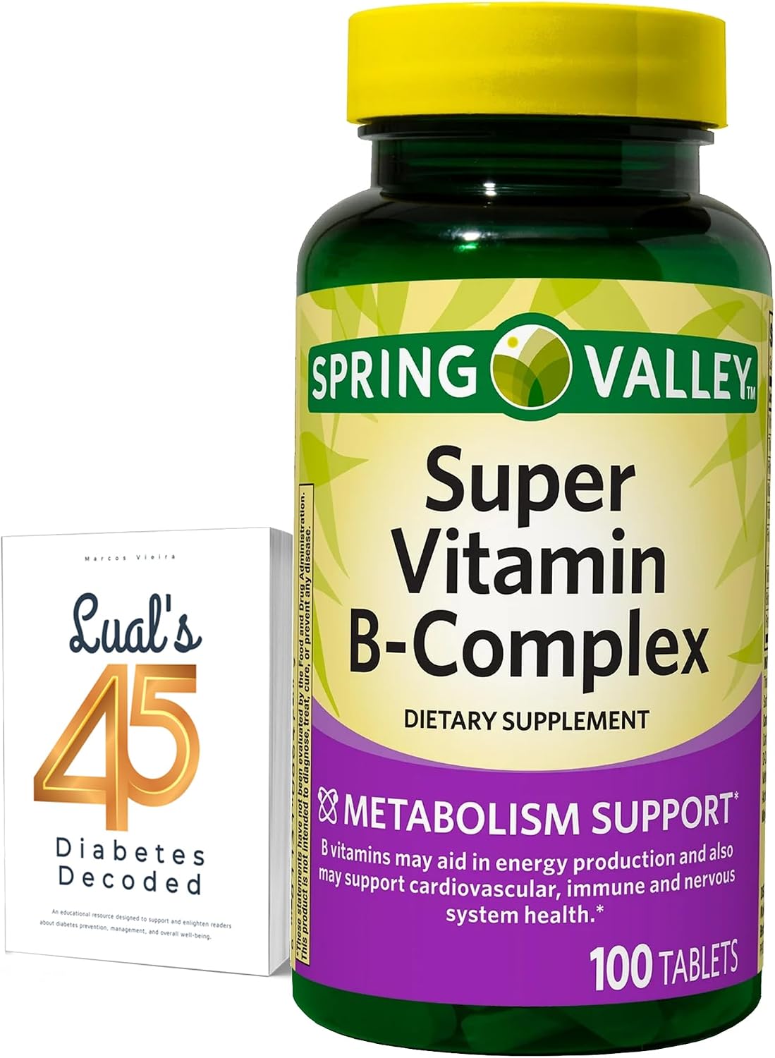 Spring Valley Super B Complex 100 Tablets Energy Support Bundle with Lual's 45 Diabetes Decoded - görsel 1