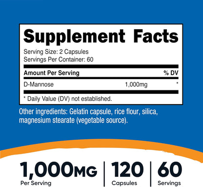 Nutricost D-Mannose 1000mg per Serving, 120 Capsules - Urinary Tract Health