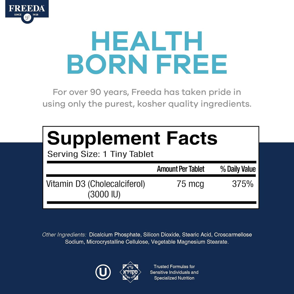 FREEDA Pure Vitamin D3 3000 IU – Higher Strength – Bone Health, Joint, Muscle & Immune Support – 75 mcg 3,000 IU Easy-to-Swallow Tiny Tablets (250 Tablets) - görsel 3