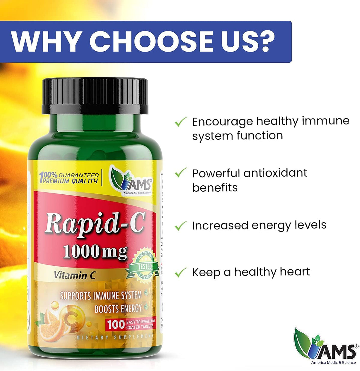 America Medic & Science Rapid-C 1000mg Vitamin C Food Supplement (5 Pack of 100 Tablets) - Immune Support, Antioxidant, Energy Metabolism | Vegan, Non-GM Coated Ascorbic Acid for Adults - görsel 5