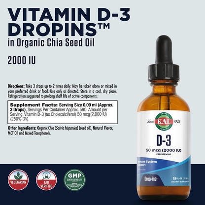 KAL Vitamin D3 2000 IU (50 mcg) DropIns – Liquid Vitamin D3 Drops