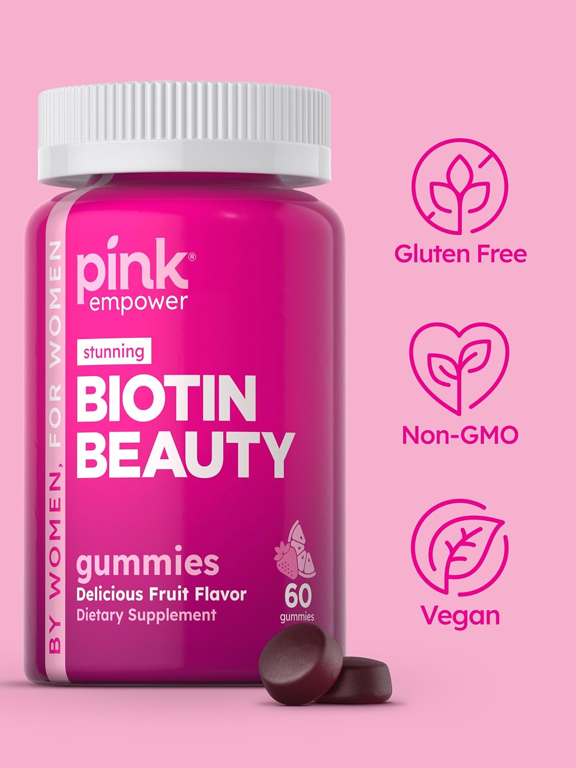 PINK Biotin Gummies for Women – 2,500 mcg – 60 Count – Hair, Skin & Nails Support – Fruit Flavour – Non-GMO & Gluten-free - görsel 4