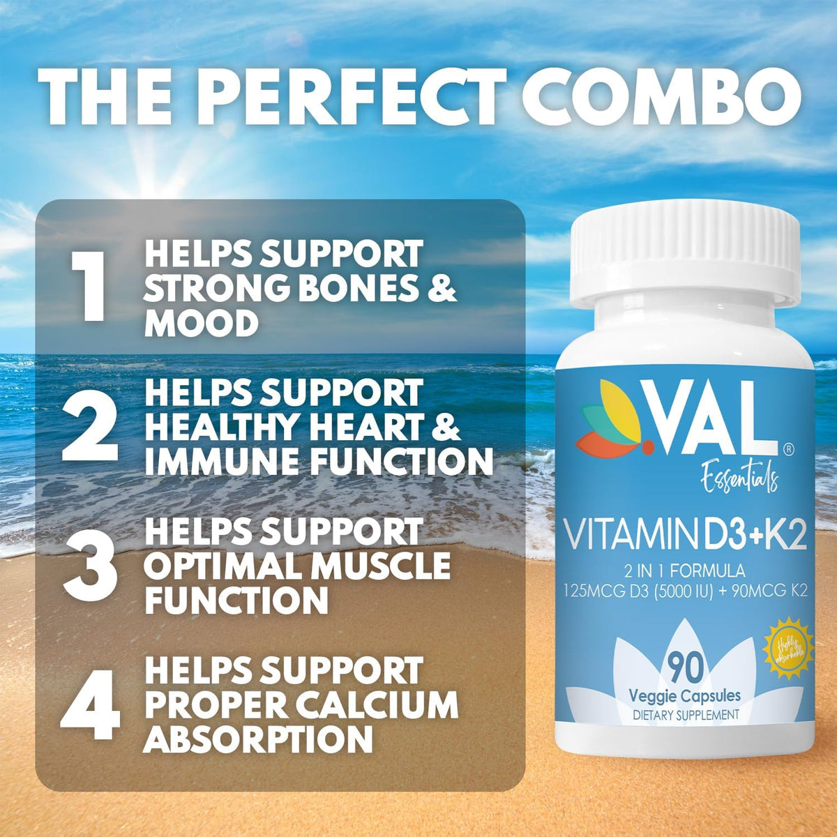 VAL Vitamin D3 + K2 (MK-7) 5000 IU & 90 mcg – Bone and Immune Support – High Potency, Non-GMO, Easy to Swallow – 90 Vegan Capsules - görsel 3