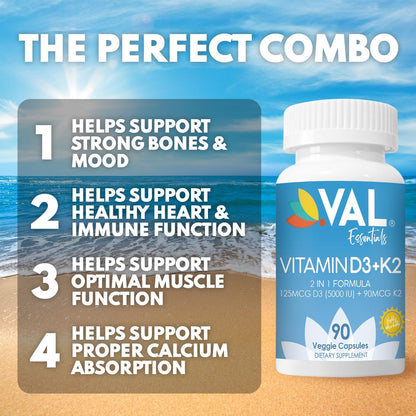 VAL Vitamin D3 + K2 (MK-7) 5000 IU & 90 mcg – Bone and Immune Support – High Potency, Non-GMO, Easy to Swallow – 90 Vegan Capsules