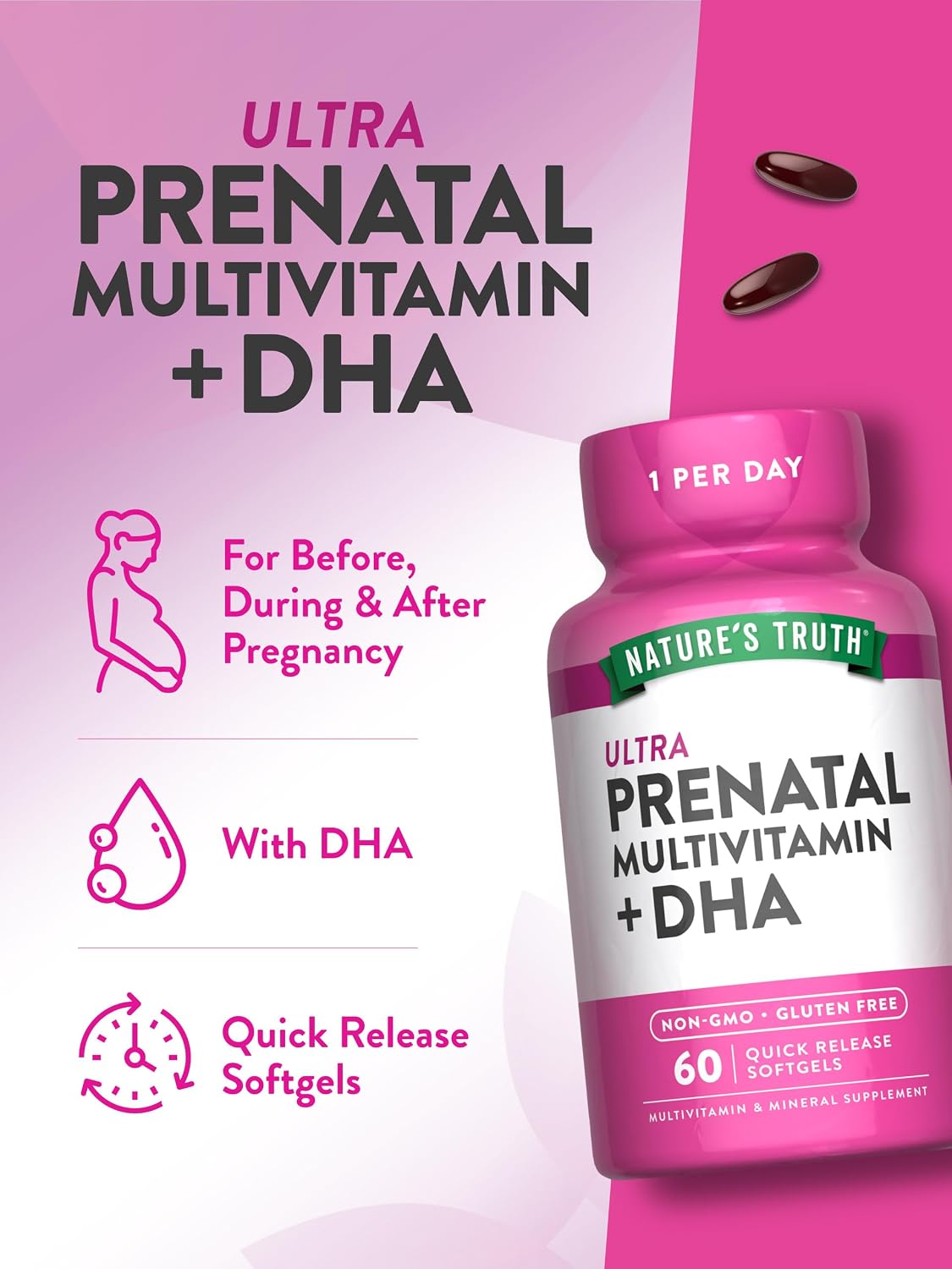 Nature's Truth Prenatal Food Supplement with DHA and Folic Acid – 60 Softgels – Image 5
