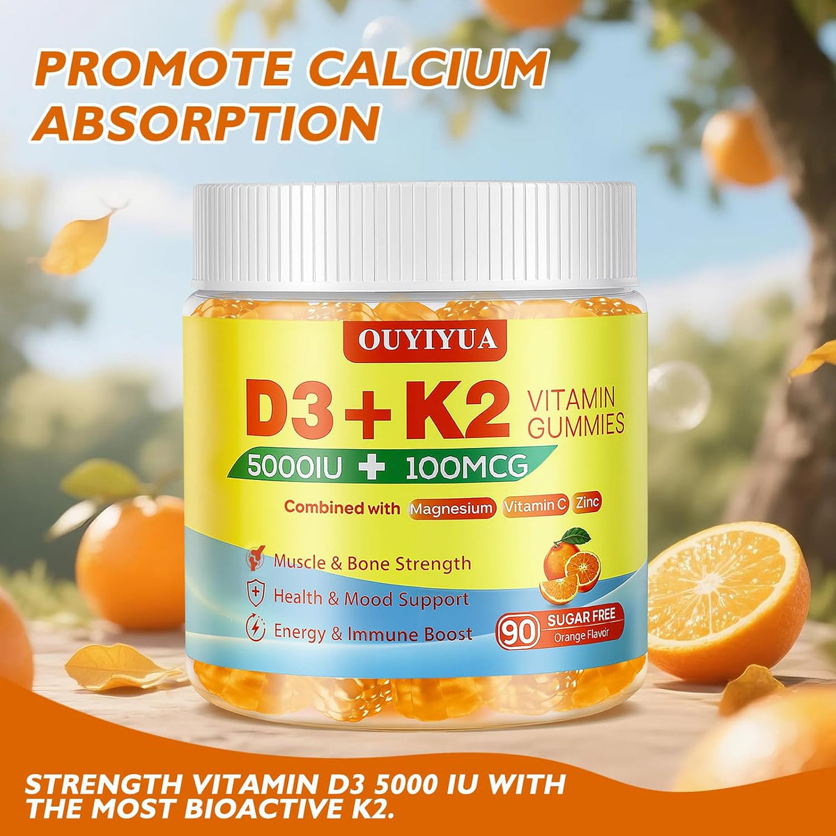 OUYIYUA Vitamin D3 K2 Gummies - 5000 IU D3 + 100 mcg K2 (MK-7), 90 Count - görsel 7