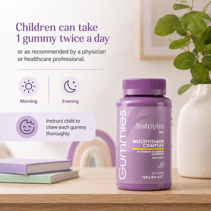 FARMASi Nutriplus Kids Gummies, Strawberry Flavour, 60 Gummies – Multivitamin for Children with Elderberry Extract, Vegan & Gelatin Free