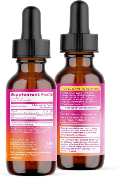 Pink Stork Liquid Folate Drops – 5-MTHF Methylfolate B9 Vitamin | Liquid Folic Acid Alternative for Women | Prenatal Folate, Non-GMO, Vegan, Sublingual Methylfolate Supplement | 59 ml
