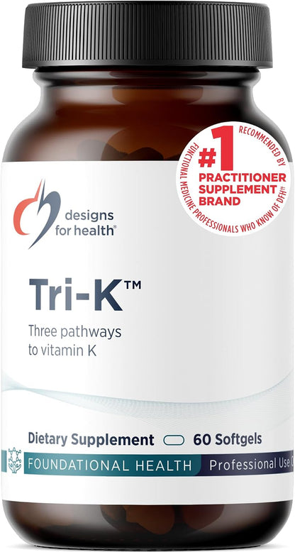 Designs for Health TRI-K - Three Forms of Vitamin K plus GG, High Potency Supplement - 2000mcg Vitamin K1, 500mcg K2 MK-4 - Non-GMO and Gluten Free (60 Softgels)
