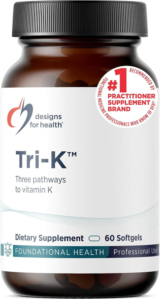 Designs for Health TRI-K - Three Forms of Vitamin K plus GG, High Potency Supplement - 2000mcg Vitamin K1, 500mcg K2 MK-4 - Non-GMO and Gluten Free (60 Softgels)