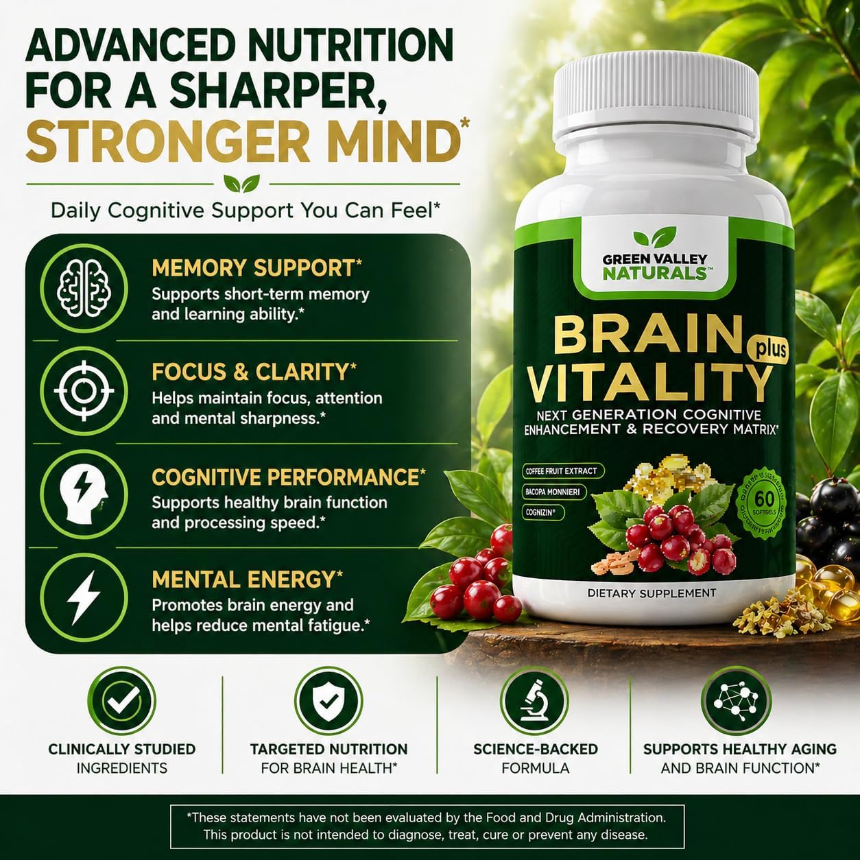 GREEN VALLEY NATURALS Brain Vitality Plus – Brain Health & Cognitive Support with Cognizin Citicoline, Bacopa Monnieri & DHA Omega-3 (60 Soft gel capsules) - görsel 3