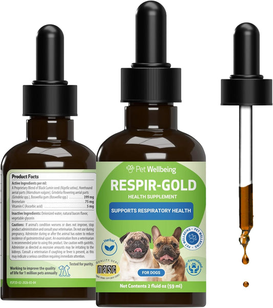 Pet Wellbeing Respir-Gold for Dogs - NASC Certified & Vet-Formulated Liquid Lower Respiratory & Lung Supplement with Black Cumin & Boswellia for Allergic Airway & Breathing, Natural Bacon Flavour, 60 ml