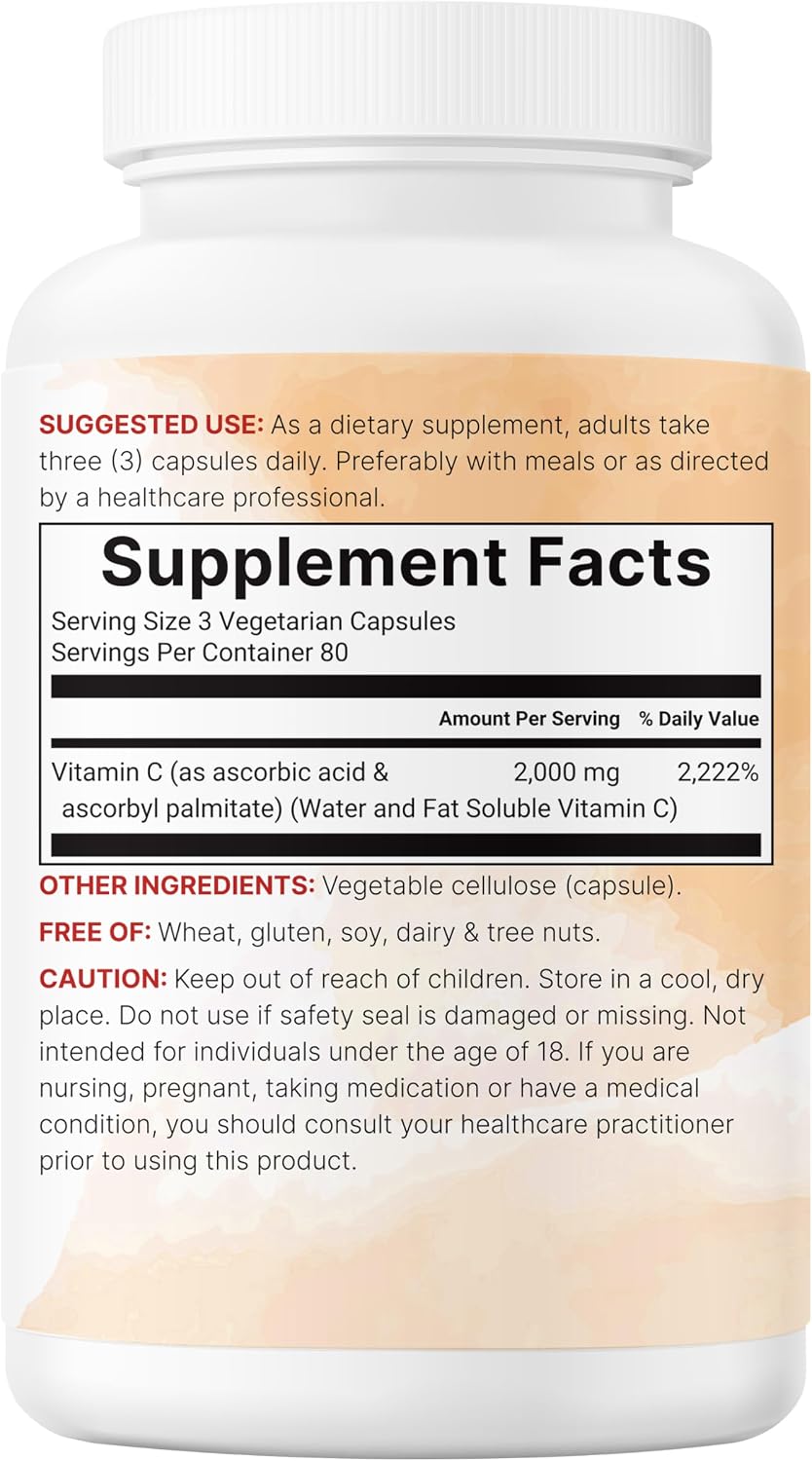 Pure Vitamin C 2,000mg, 240 Veggie Capsules – Dual Solubility, Non-GMO - görsel 7