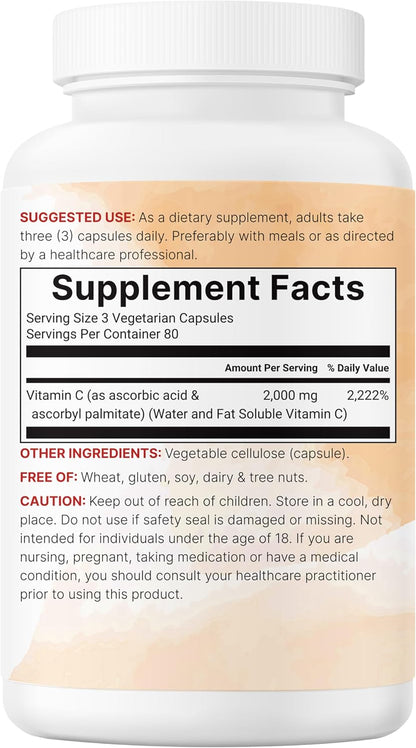 Pure Vitamin C 2,000mg, 240 Veggie Capsules – Dual Solubility, Non-GMO