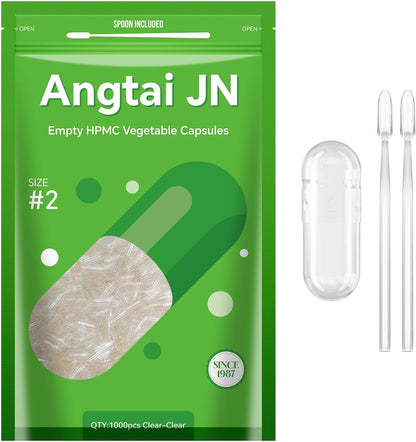 Angtai JN Empty Vegan Capsules Size 2 Plant Based Clear (500 Count) Gluten-Free, Non-GM, Halal Certified Capsule Filling Kit with 2 Spoons