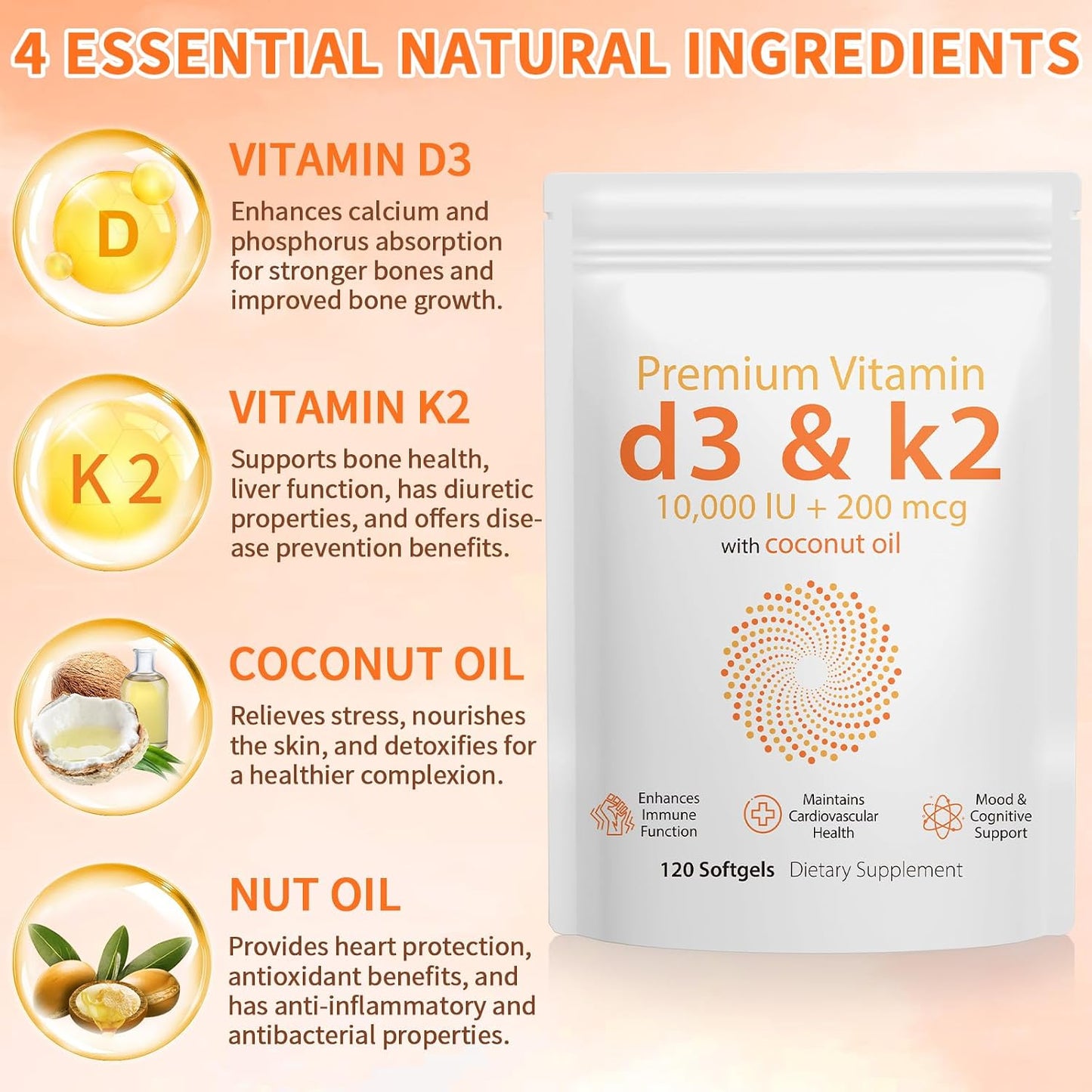 Nyloriaine Vitamin D3 K2 120 Soft gel capsule Capsules with Coconut Oil - görsel 3