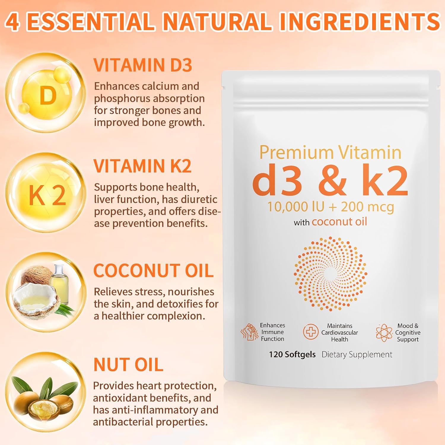 Nyloriaine Vitamin D3 K2 120 Soft gel capsule Capsules with Coconut Oil - görsel 3