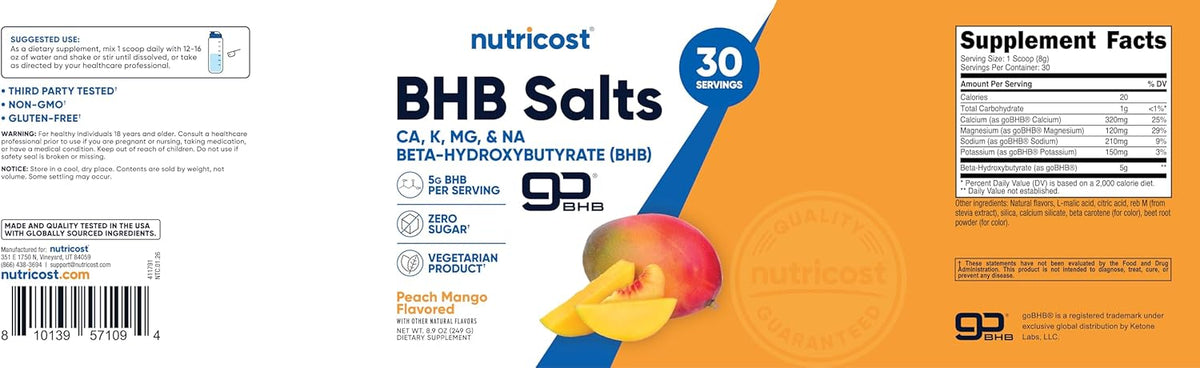 Nutricost BHB Salts Drink Mix (30 Servings, Peach Mango Flavour) - 5g BHB Per Serving, 0g Sugars, Vegetarian - görsel 6