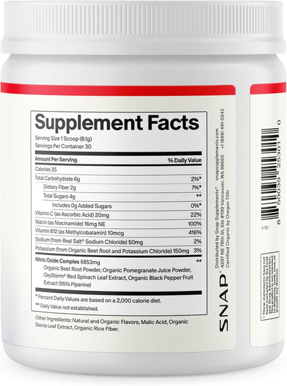 Snap Supplements Organic Beetroot Powder Nitric Oxide Supplement with Pomegranate & Red Spinach, Mixed Berry, 30 Servings