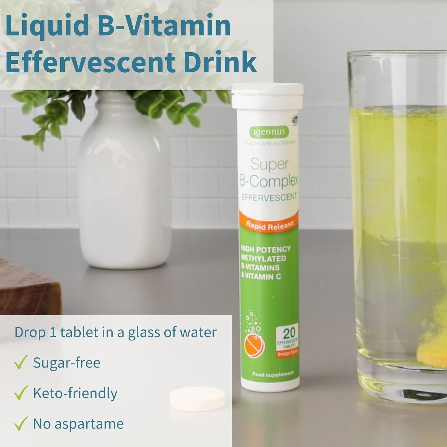 Igennus Super B-Complex Liquid B-Vitamin Effervescent Drink, Methylated, Fast-Action Energy Supplement, Caffeine-Free, Sugar-Free, Orange Flavour, Vegan, 120 Effervescent Tablets - görsel 2