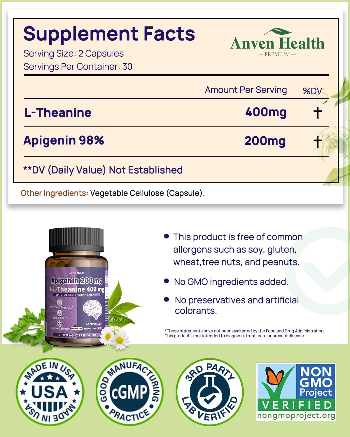 Anven Health L-Theanine 400mg with Apigenin 200mg – Natural Relaxation & Sleep Support – 180 Veggie Capsules - görsel 3