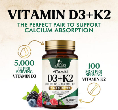 Vitamin D3 K2 Supplement | 5000 IU D3 + 100 mcg K2 (MK-7) | Chewable Berry Flavour | Non-GMO | 60 Tablets