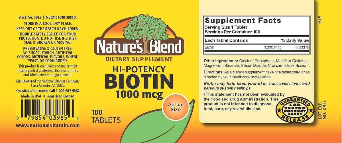 Nature's Blend Biotin High Potency 1,000 mcg, 100 Tablets - görsel 2